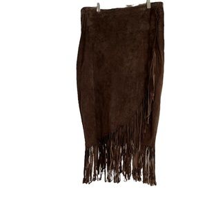 Chico’s 100% Leather Brown Suede Fringe Tulip Wrap Skirt